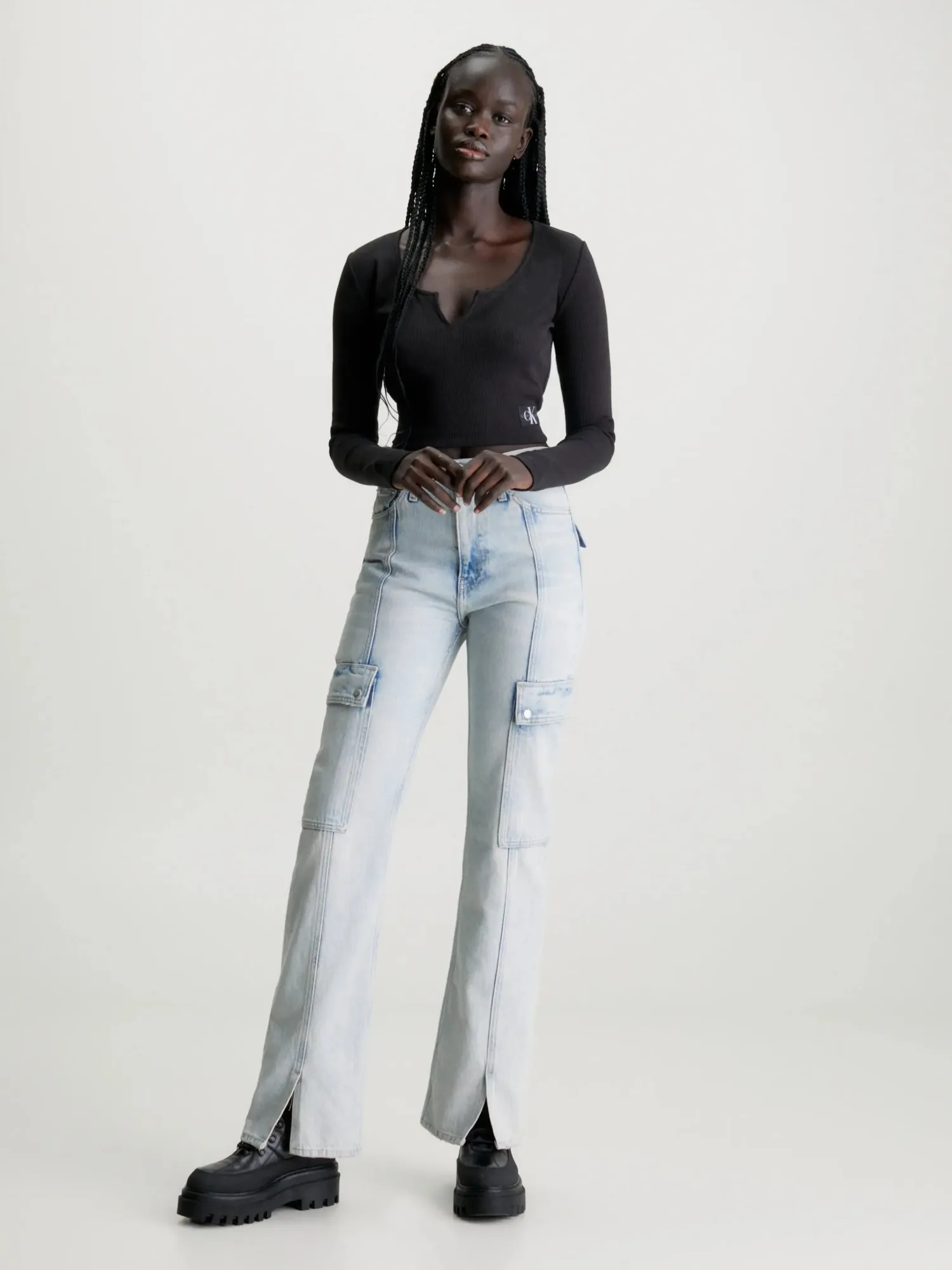 Calvin Klein Jeans Split Collar Rib Long Sleeve - T-shirts & Tops 